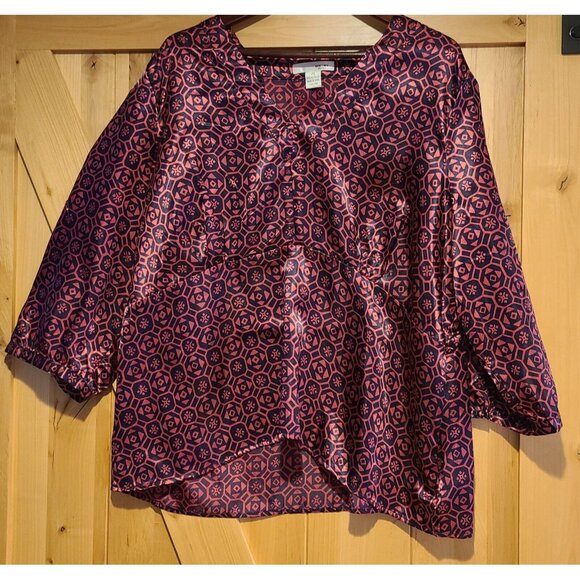 WD Ny Plus Size 3X Pink Blue Satin Silky Babydoll Empire Waist Geometric Blouse - Picture 1 of 13